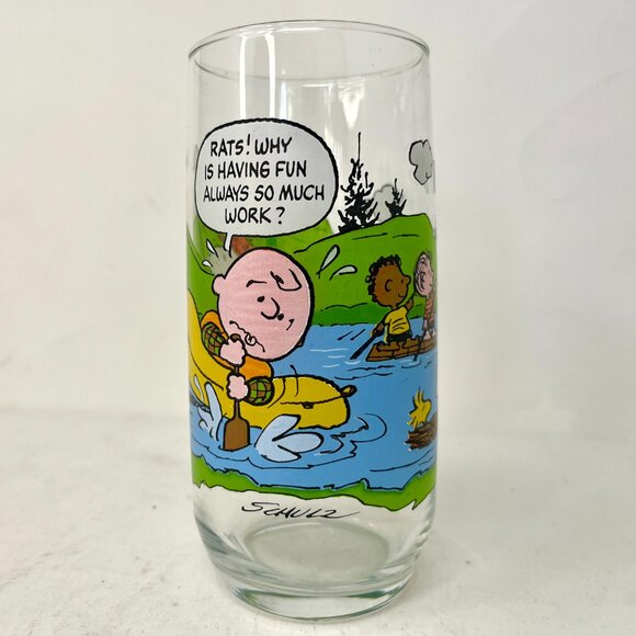 Vintage 80s McDonald's CAMP SNOOPY River Rafting Collector's Glass Peanuts - Picture 3 of 7